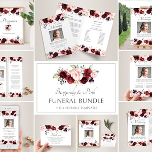 Burgundy Funeral Templates Bundle, DIY Funeral Memory Package • INSTANT DOWNLOAD • Celebration of Life, Editable, Printable Templates