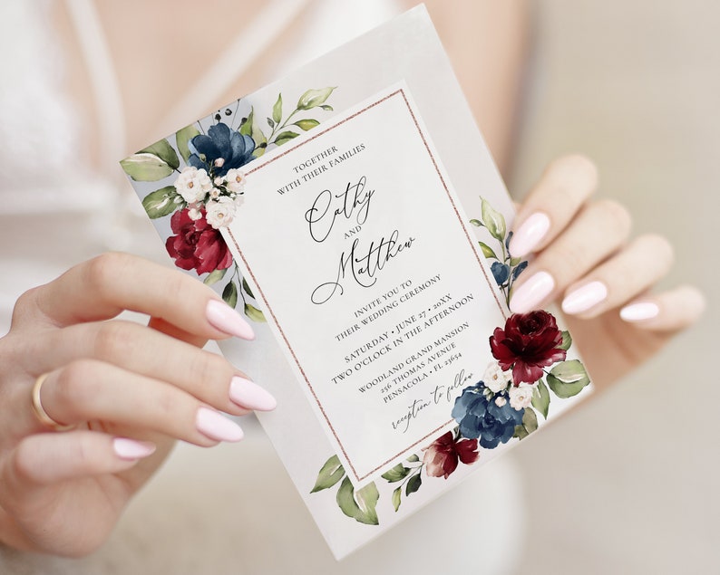 Navy Blue and Burgundy Wedding Invitation Template Suite | Etsy