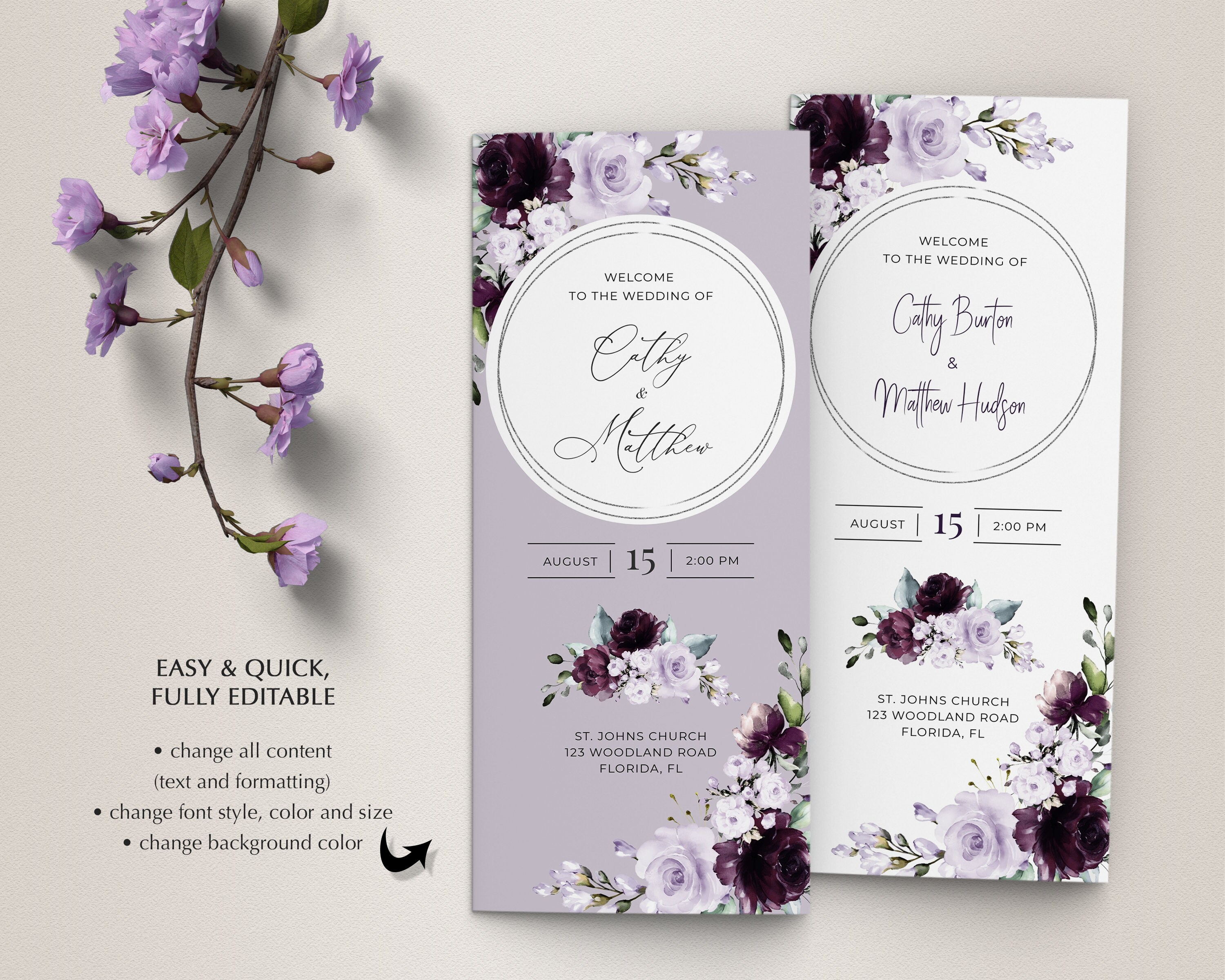 Trifold Wedding Program Template with Lavender and Purple | Etsy