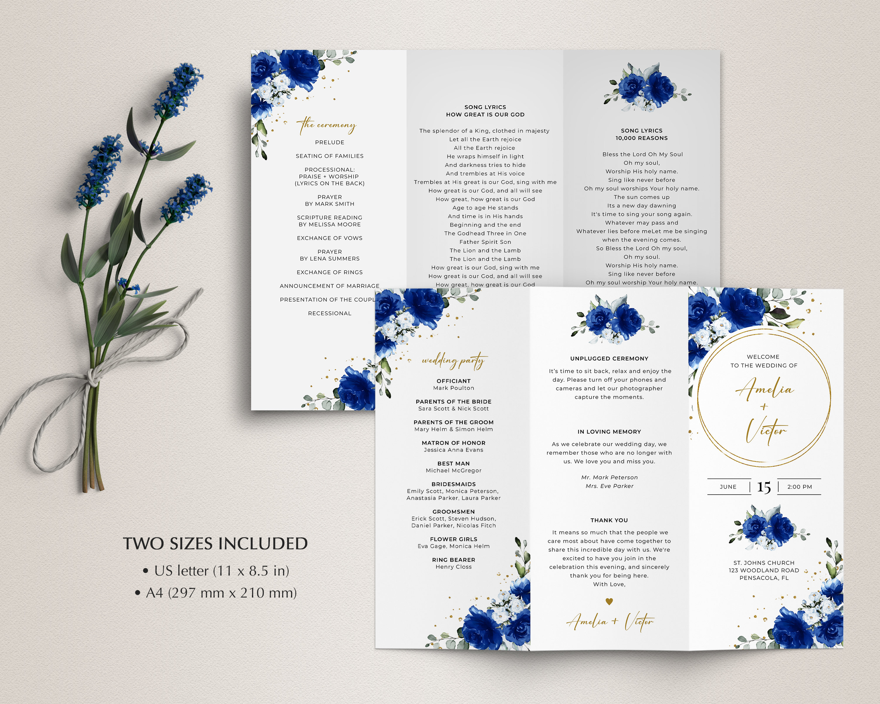 Trifold Royal Blue and Gold Wedding Program Template • INSTANT DOWNLOAD ...
