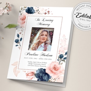 May include: A white memorial card with a floral design featuring pink and blue flowers. The card has a photo of a woman and the text "In Loving Memory Pauline Hudson July 15th, 1962 - April 9th 2050 Sunday, April 11th at 10.00am Bridge Community Church 124 Green Street, Pensacola".