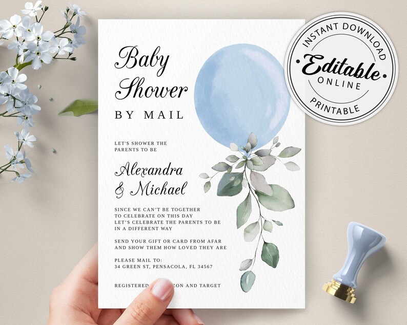 Boy Baby Shower by Mail Invitation Template Blue Balloon Etsy