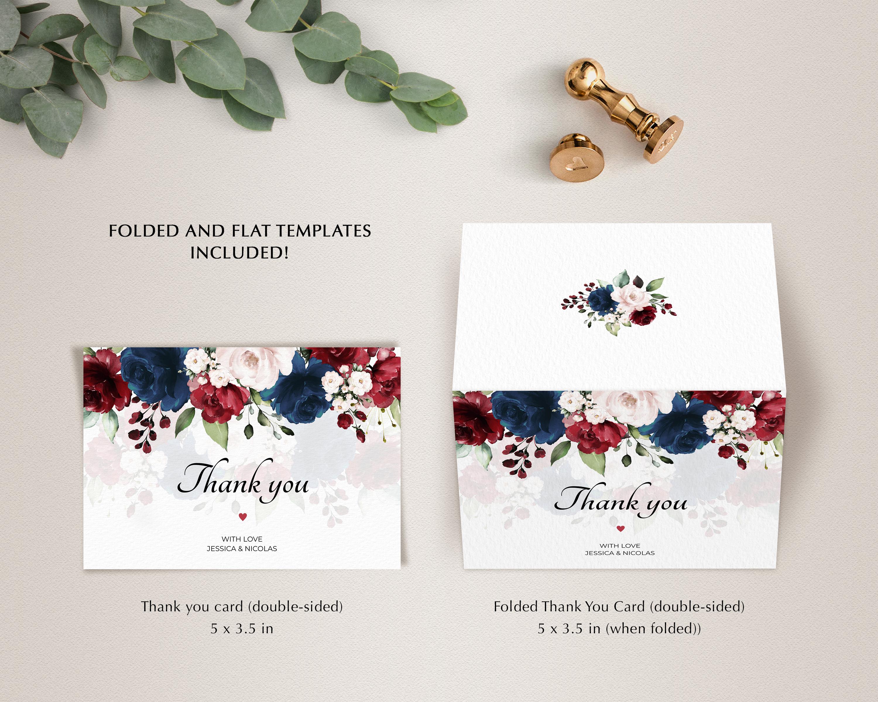 Navy Blue and Burgundy Wedding Thank You Card Template • INSTANT ...
