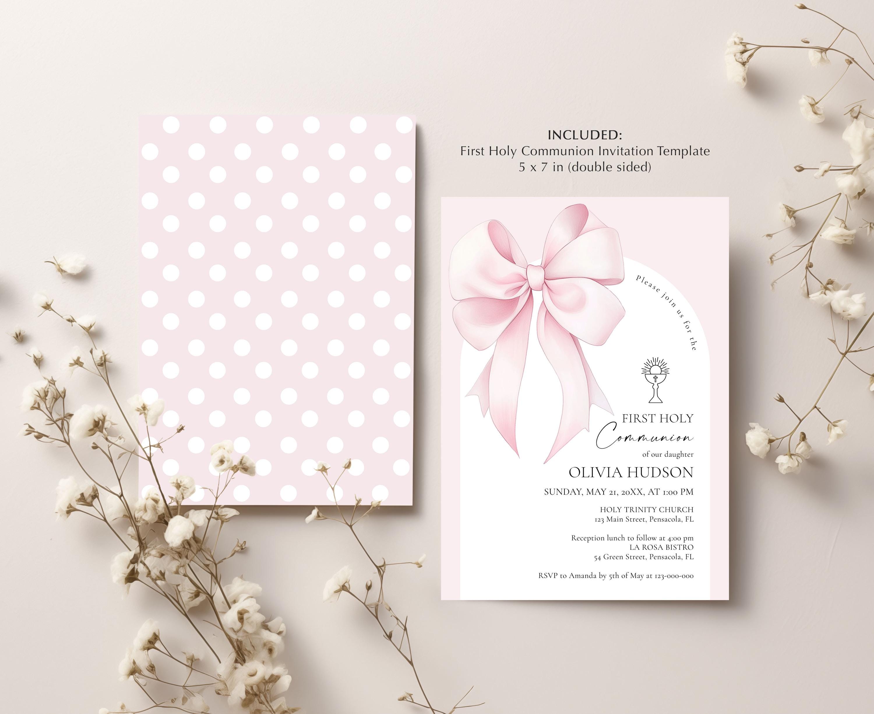 Pink Bow First Holy Communion Invitation Template • INSTANT DOWNLOAD ...