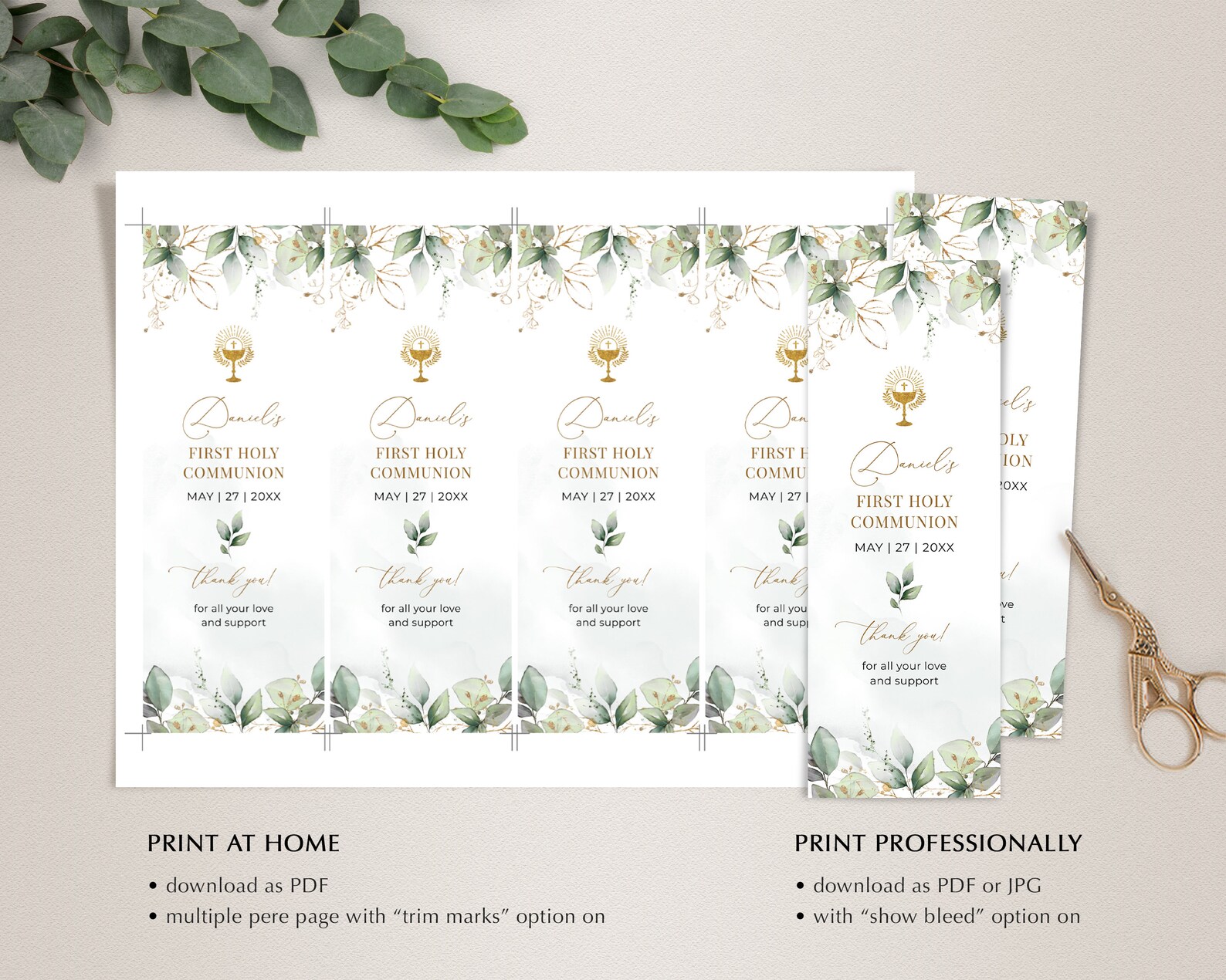 First Holy Communion Bookmark Template, Greenery Bookmark Template ...