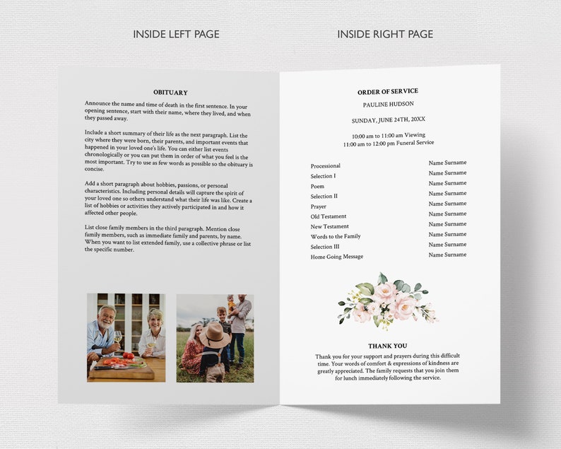 Pink Roses Funeral Program Template, Funeral Order of Service (Instant Download) image 3