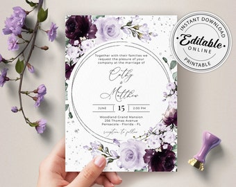Purple and Lavender Wedding Invitation Template • INSTANT DOWNLOAD • Editable, Printable Template, A124