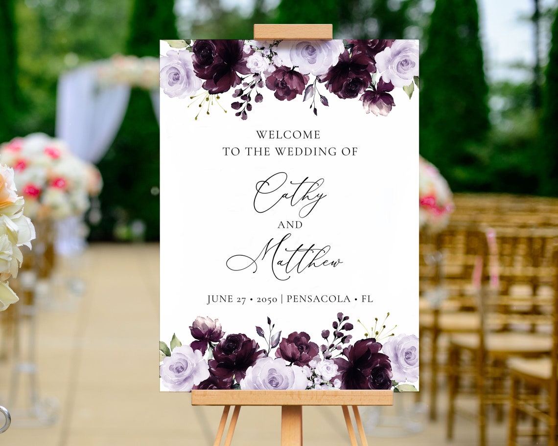 Purple and Lavender Floral Wedding Welcome Sign Template (digital ...