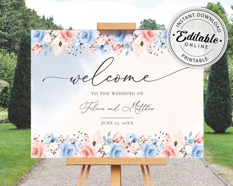 Dusty Blue and Blush Pink Wedding Welcome Sign Template INSTANT DOWNLOAD Editable, Printable Template, 122 image 1