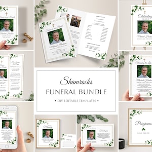 Funeral Template Bundle, Shamrocks Funeral Memory Package • INSTANT DOWNLOAD • Celebration of Life, Editable, Printable Templates
