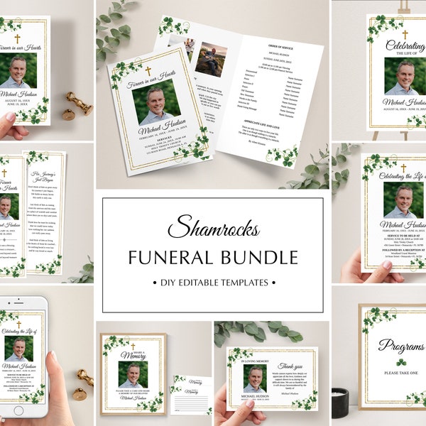 Funeral Template Bundle, Shamrocks Funeral Memory Package • INSTANT DOWNLOAD • Celebration of Life, Editable, Printable Templates