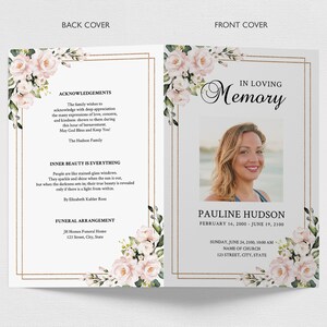 Pink Roses Funeral Program Template, Funeral Order of Service (Instant Download) image 2