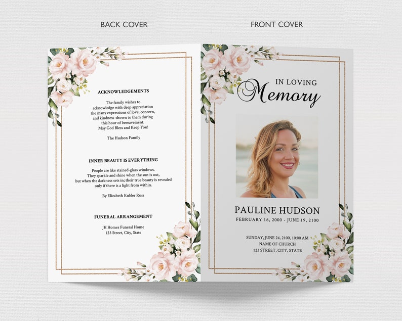 Pink Roses Funeral Program Template, Funeral Order of Service (Instant Download) image 2