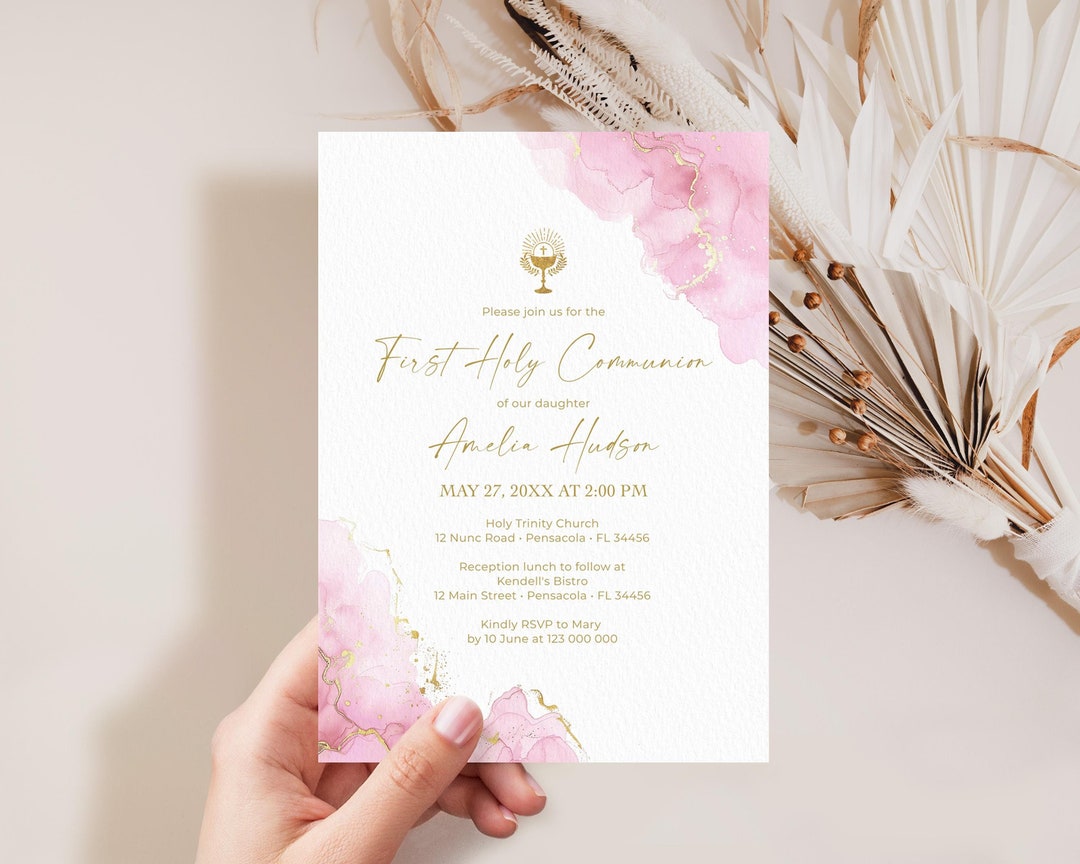 Pink and Gold First Holy Communion Invitation Template • INSTANT ...