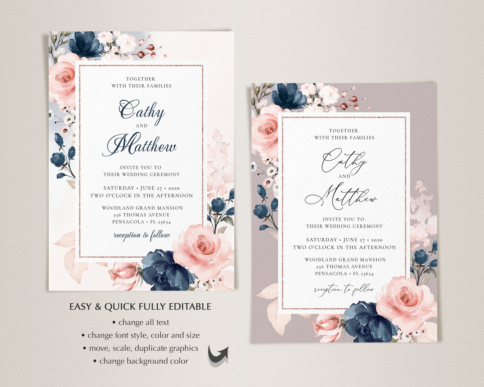 Navy Blue and Blush Pink Wedding Invitation Template Set Etsy