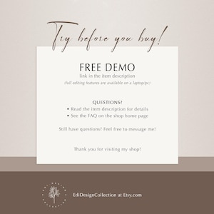 Peut inclure: Graphique beige et marron avec le texte "Try before you buy!" et "FREE DEMO" dans une police manuscrite. L'image comprend des informations sur le produit et comment contacter le vendeur. Le nom de la boutique et l'adresse Etsy sont en bas.