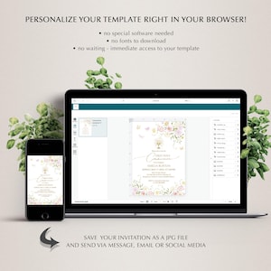 May include: A black smartphone and laptop display a floral invitation template. The laptop screen shows the invitation design, with text that reads "First Holy Communion". The text "Personalize your template right in your browser!" is at the top.