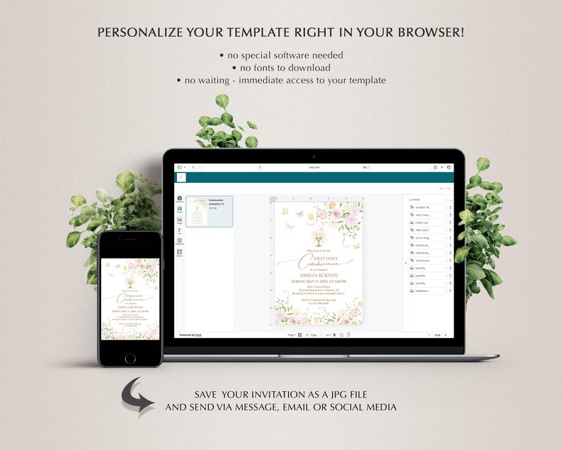 May include: A black smartphone and laptop display a floral invitation template. The laptop screen shows the invitation design, with text that reads "First Holy Communion". The text "Personalize your template right in your browser!" is at the top.