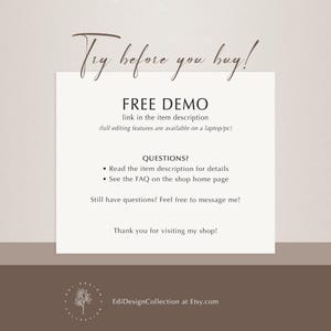 May include: A beige background with a white rectangular box containing text. The text reads "Try before you buy!" and "FREE DEMO" with details about the demo and where to find more information. The shop's name and Etsy.com address are at the bottom.