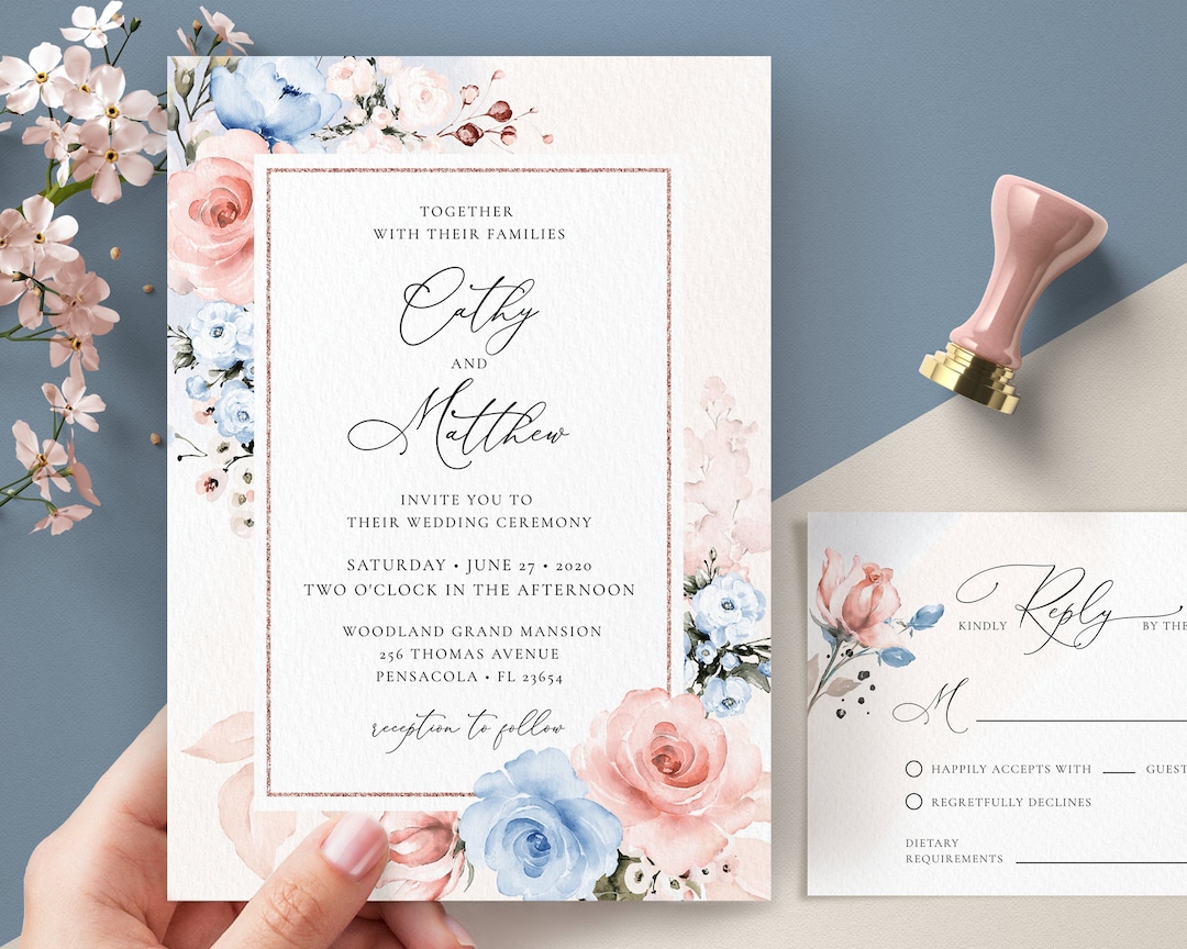 Dusty Blue and Blush Pink Wedding Invitation and RSVP Card Template