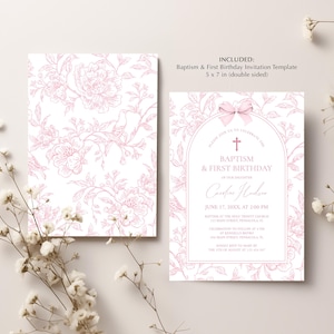 May include: A double-sided invitation template for a baptism and first birthday. The design features a pink floral pattern on one side and event details on the other. The invitation measures 5 x 7 inches.