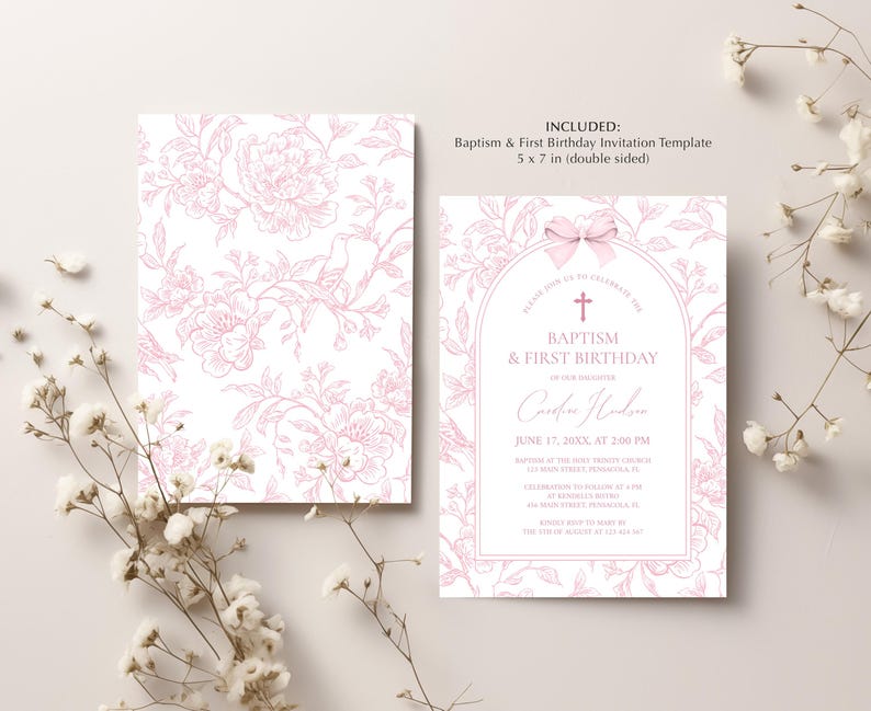 May include: A double-sided invitation template for a baptism and first birthday. The design features a pink floral pattern on one side and event details on the other. The invitation measures 5 x 7 inches.