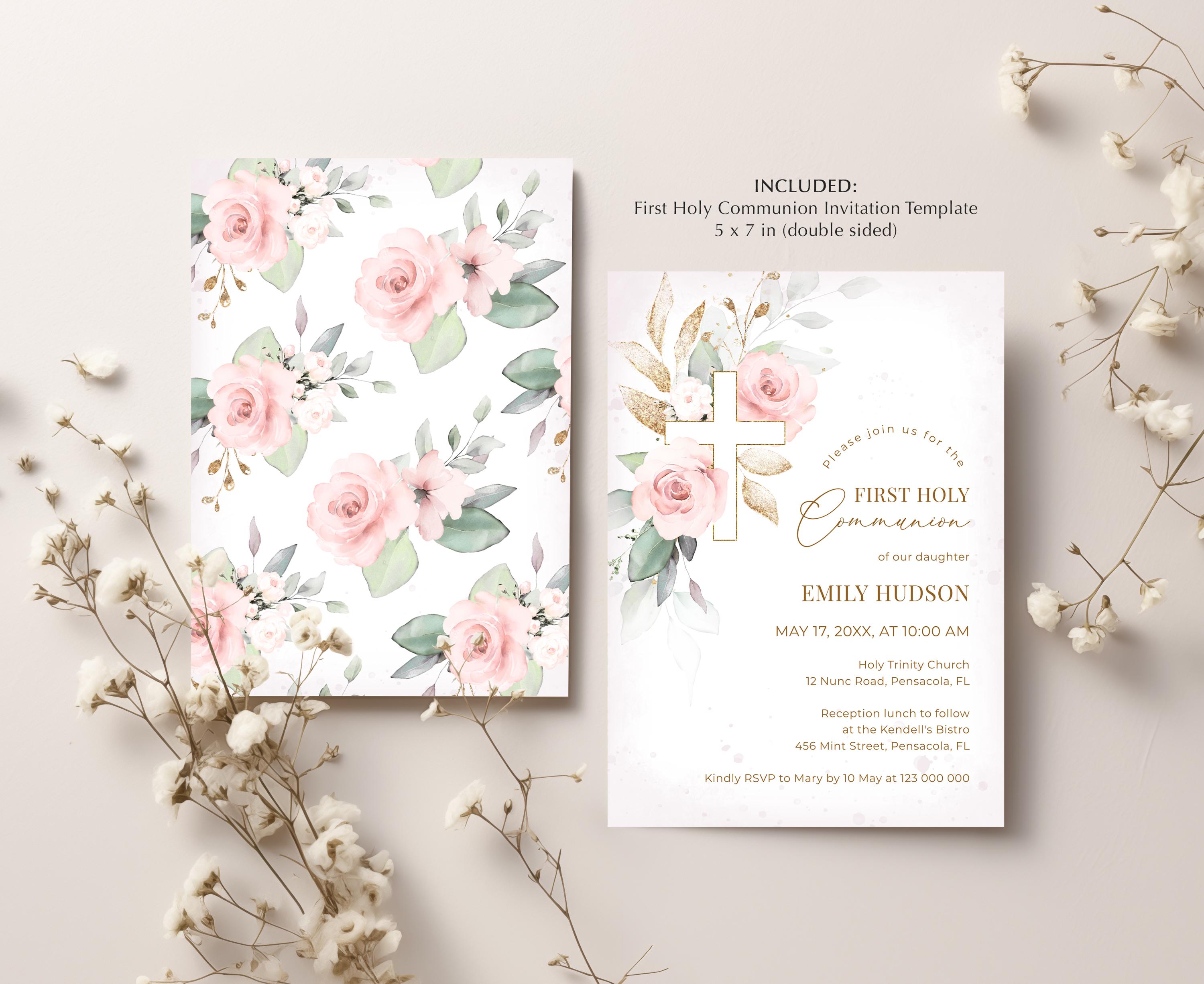 Light Pink First Holy Communion Invitation Template • INSTANT DOWNLOAD ...