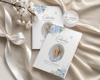 Blue Hydrangea Funeral Program Template, Funeral Order of Service, Editable, Printable Digital Download