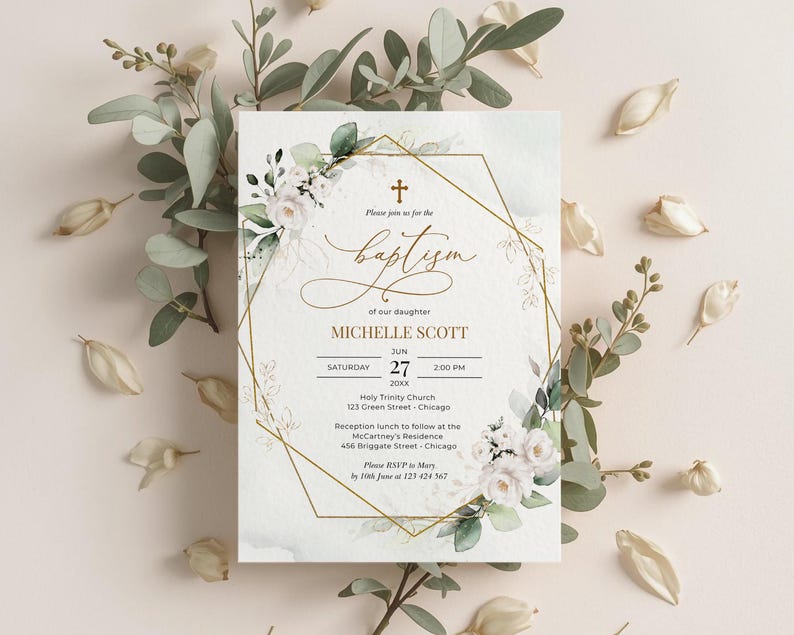 Greenery White Roses Baptism Invitation Template (Digital Download) immagine 1