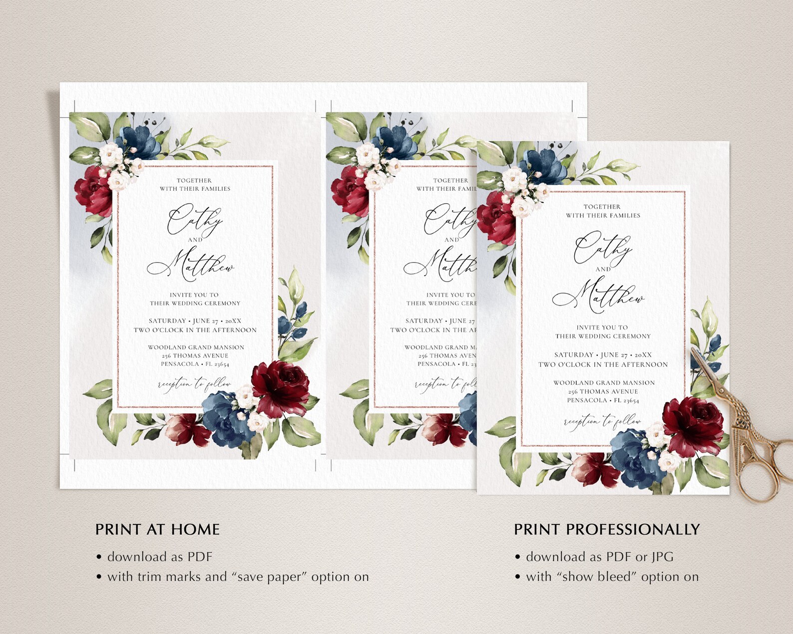 Navy Blue and Burgundy Wedding Invitation Template Suite - Etsy
