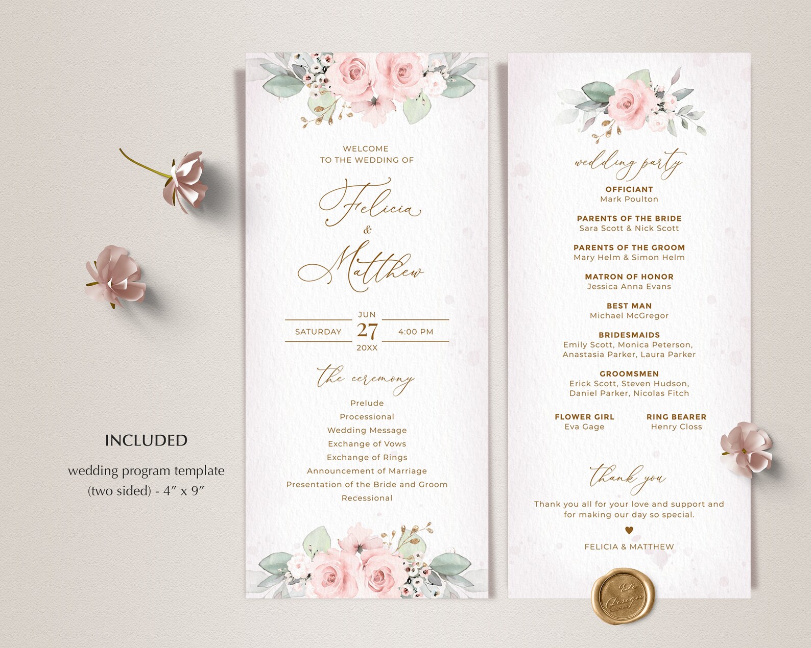 Wedding Program Template With Pink Roses INSTANT DOWNLOAD - Etsy