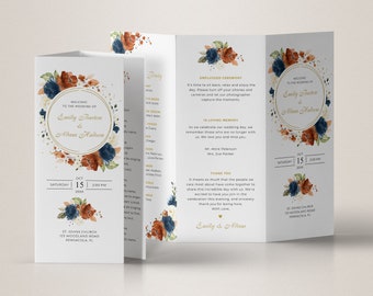 Terracotta and Navy Blue Wedding Program Template, Editable Trifold Brochure (Digital Download) #137