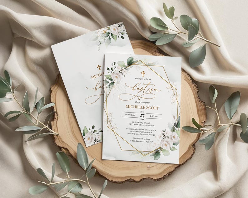 Greenery White Roses Baptism Invitation Template (Digital Download) immagine 3