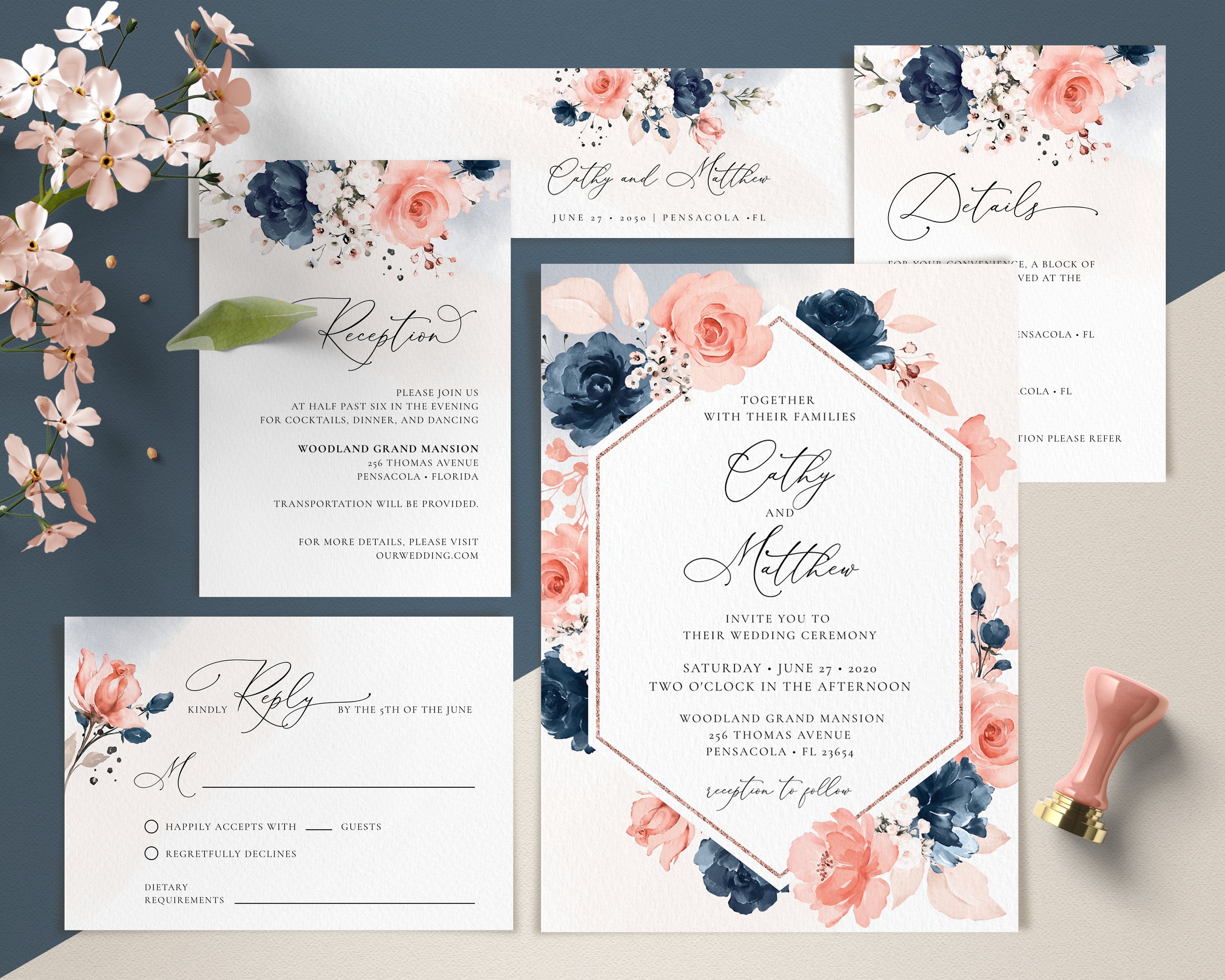 Navy Blue and Coral Floral Wedding Invitation Set (digital Download) - Etsy  New Zealand, image size:3000x2400