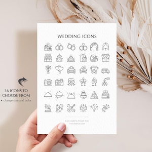 May include: A white card displays 36 black wedding icons, including rings, churches, and cakes. Text reads "WEDDING ICONS" at the top and "36 ICONS TO CHOOSE FROM" with instructions to change size and color. The card is held by a hand.