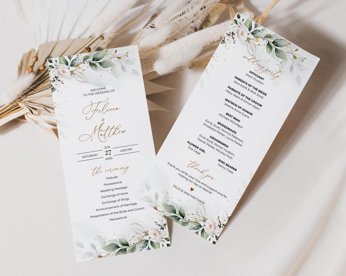 Boho Greenery Wedding Program Template With White Roses • INSTANT ...
