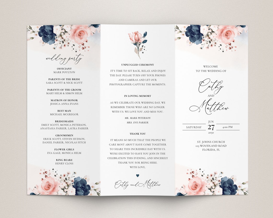 Trifold Wedding Program Template with Navy Blue and Blush Pink Etsy