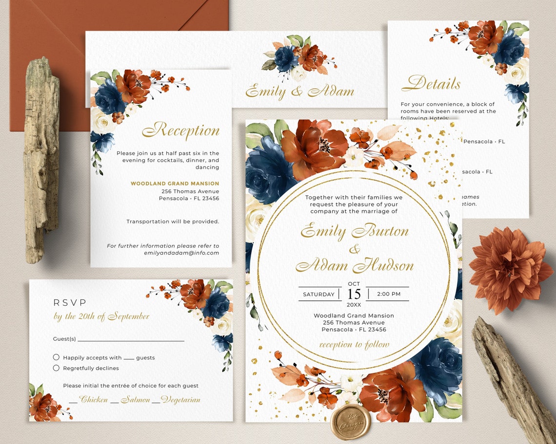 Terracotta Navy Blue and Ivory Wedding Invitation Template image 1