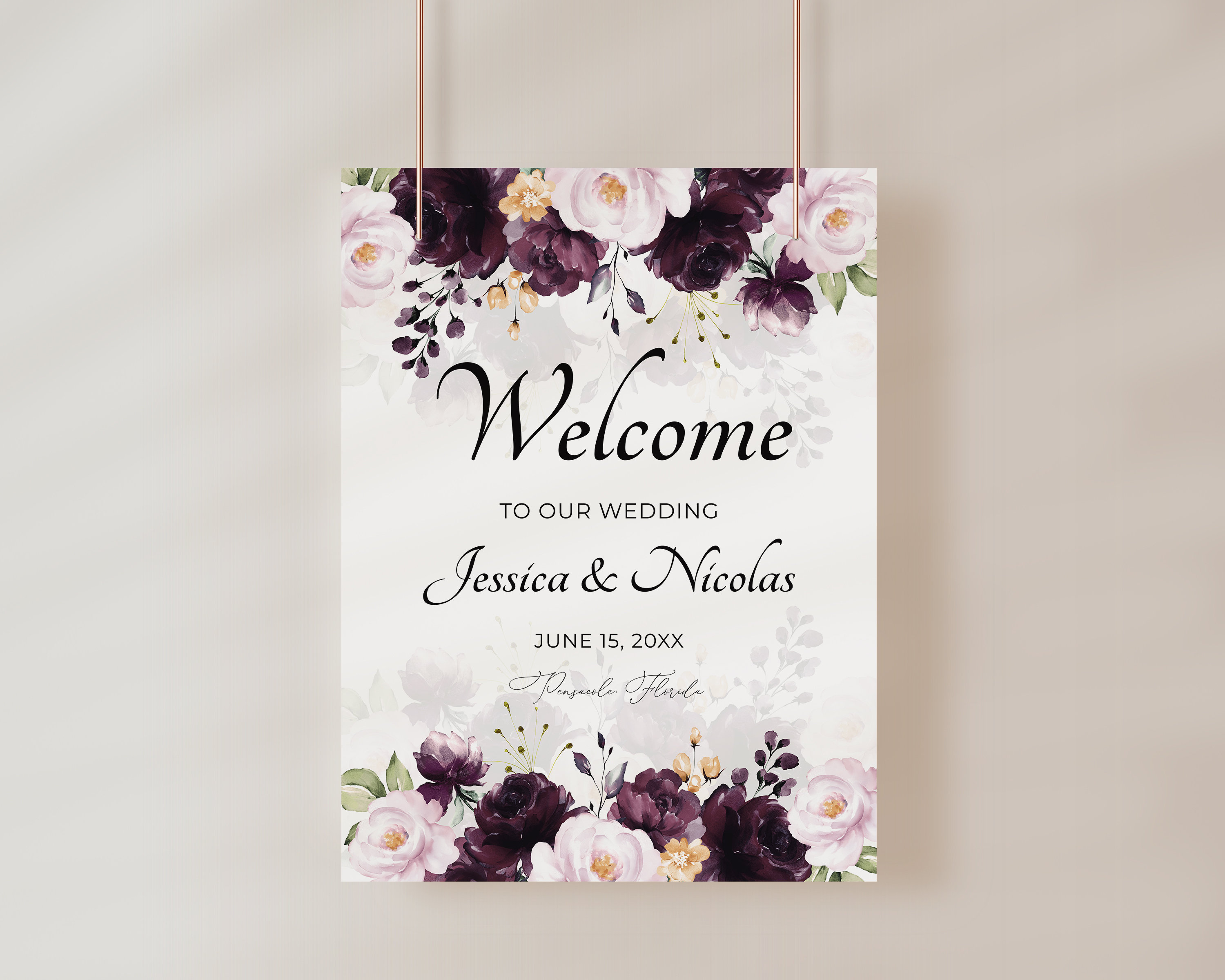 Purple Floral Wedding Welcome Sign Template (digital Download) A119 - Etsy