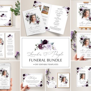 May include: A set of printable funeral templates featuring a lavender and purple floral design with a photo frame. The templates are editable and include a program, bookmark, thank you card, and other items. The text on the image reads "Lavender & Purple Funeral Bundle - DIY Editable Templates".