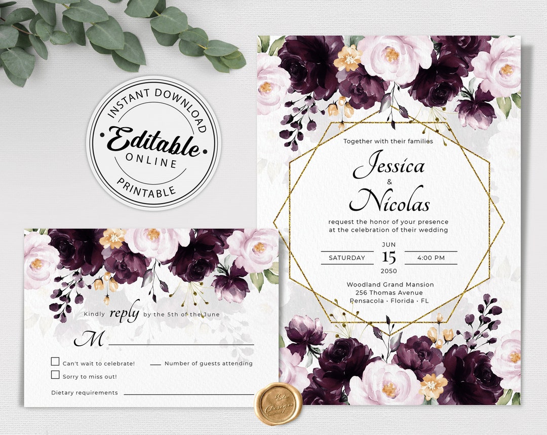 Purple Wedding Invitation Template Set, Wedding Invite With Purple ...