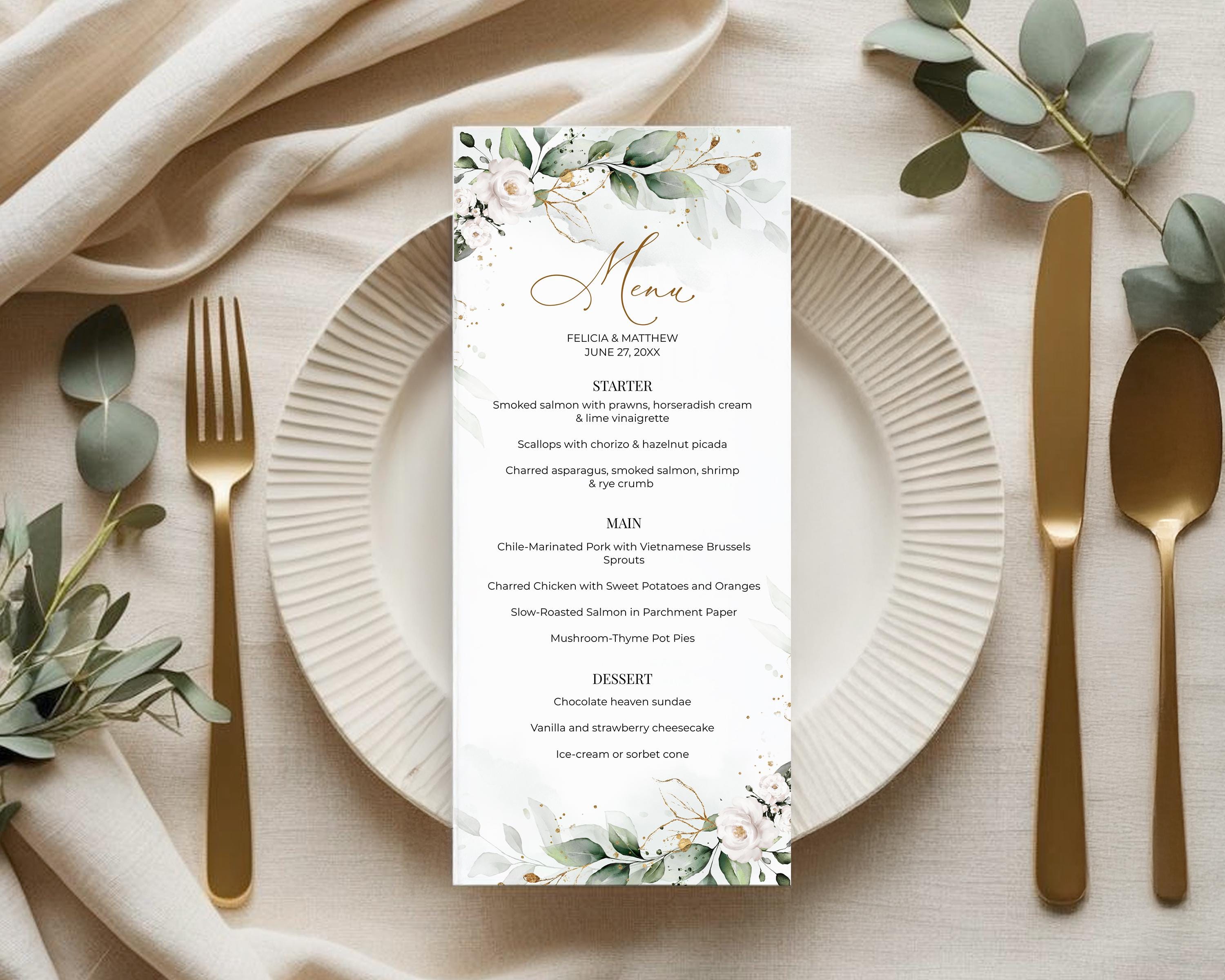 Greenery and White Roses Menu Template (digital Download) A109 - Etsy