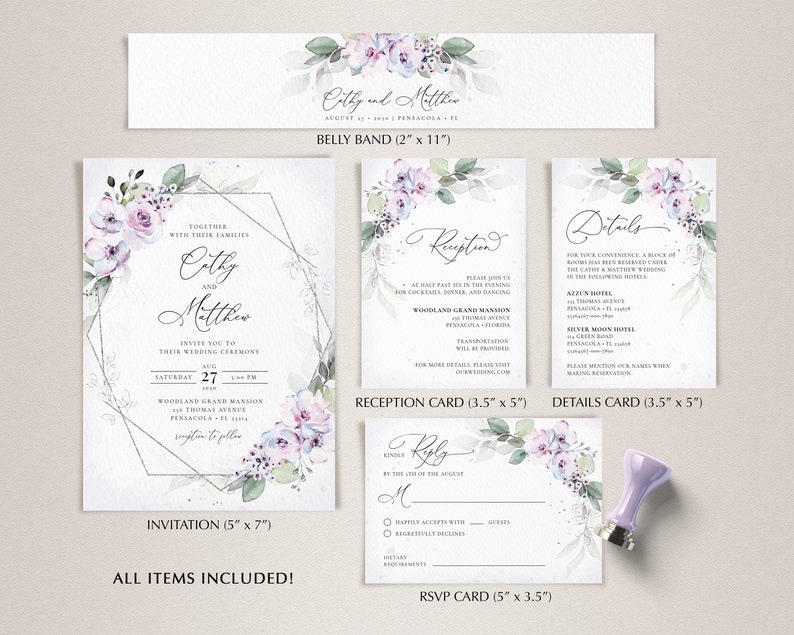 Wedding Invite Template Suite \u2022 INSTANT DOWNLOAD \u2022 Editable Templates Lavender Wedding Invitation Template Set