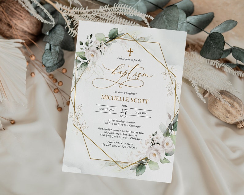 Greenery White Roses Baptism Invitation Template (Digital Download) immagine 7