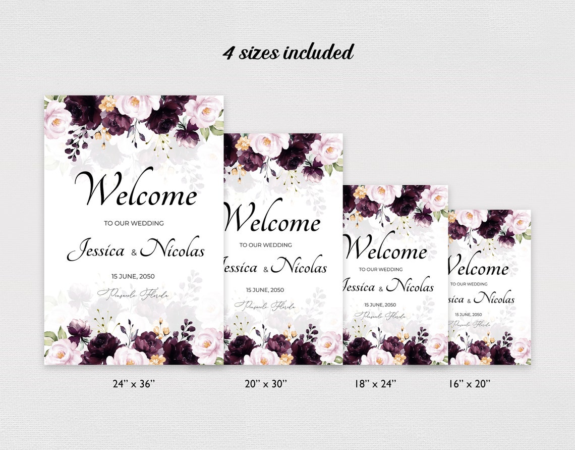 Purple Wedding Welcome Sign Template Floral Dark Plum Wedding - Etsy