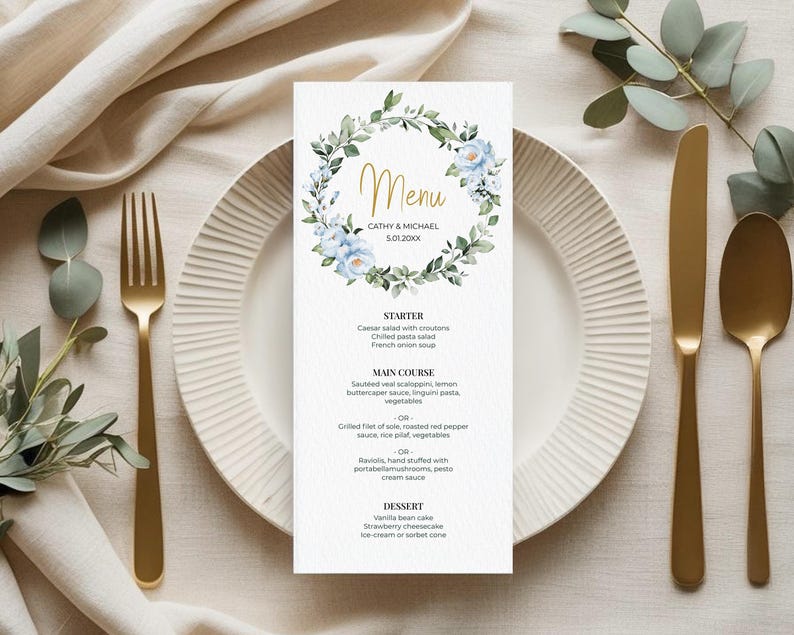 Greenery Wreath Menu Template • Wedding, Baptism, Shower, Brunch, Dinner • Editable Printable • Instant Download • A118 image 1