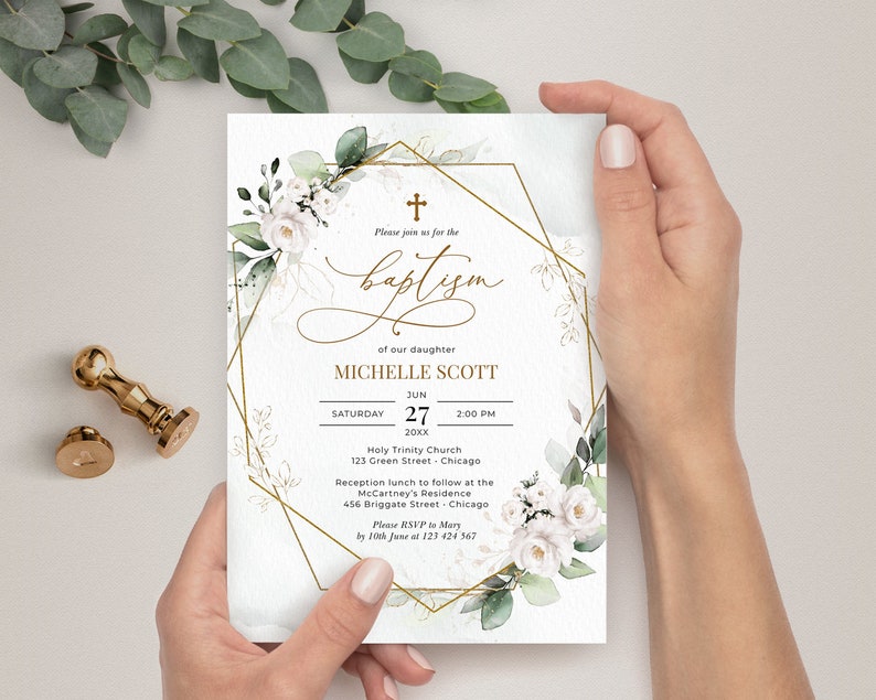 Greenery White Roses Baptism Invitation Template (Digital Download) immagine 4