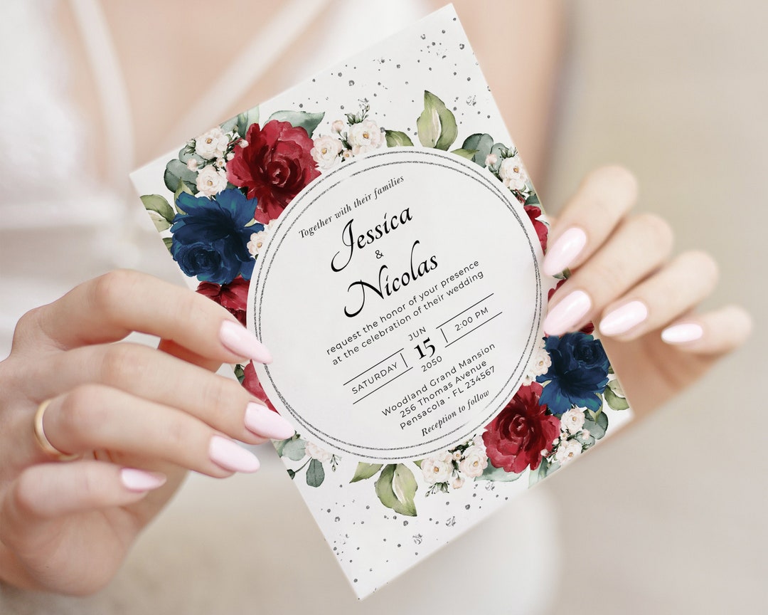 Burgundy and Navy Blue Wedding Invitation Template, Wedding Invite ...
