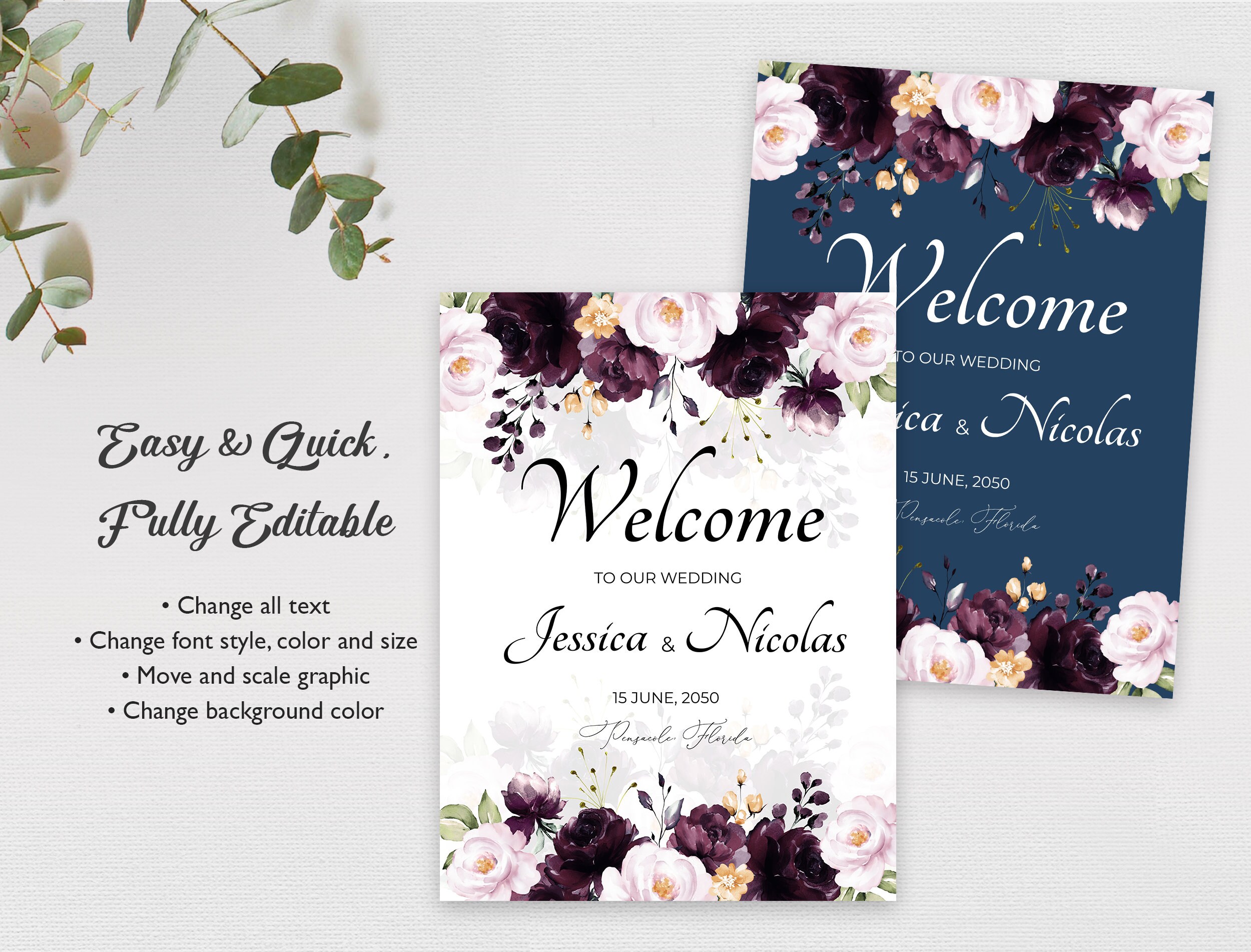 Purple Wedding Welcome Sign Template Floral Dark Plum Wedding - Etsy
