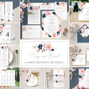 Navy Blue and Coral Wedding Invitation Template Bundle, Wedding Large Bundle • INSTANT DOWNLOAD • Editable, Printable Templates